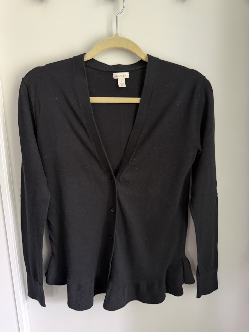 hinge Black V-Neck Button Cardigan with Ruffle Hem